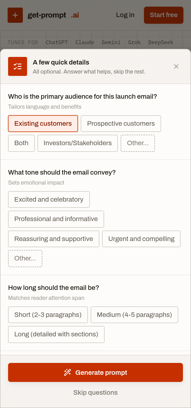 The same questions dialog on a phone, where it rises from the bottom of the screen as a sheet over the dimmed generator.